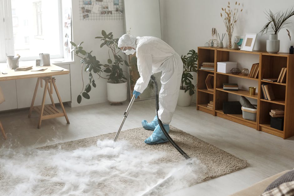 A woman vacuuming a patterned area rug on a wooden floor in a living room, using a yellow and black vacuum cleaner with a hose. The room features a wooden sideboard, a television, and a leather sofa. 